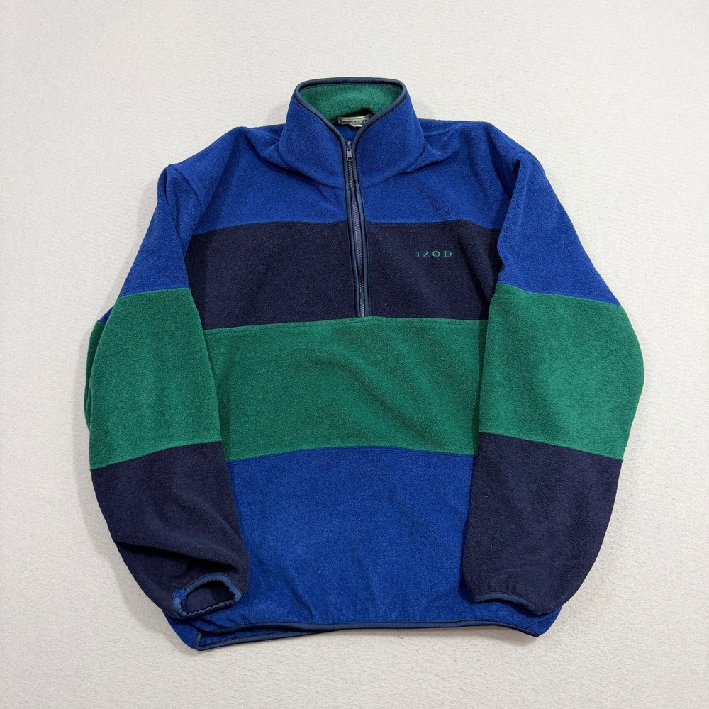 Vintage IZOD Fleece Pullover Large Blue Colorblock Quarter Zip Outdoor Warm 90s